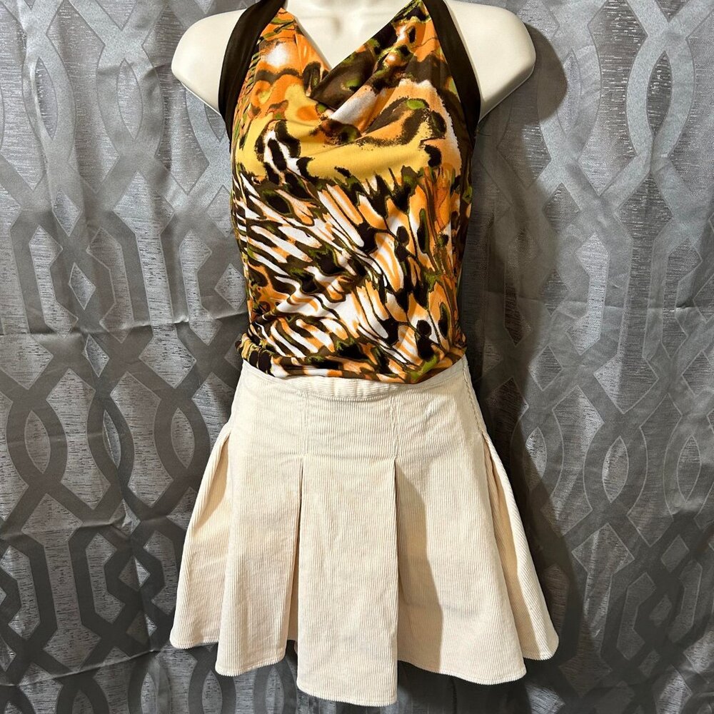 Women's Cream Ribbed/Corduroy Mini Skirt with Pleats & Side Zip Closure & Clasp